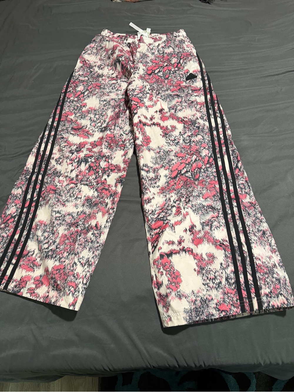 adidas Pink Floral Wide Leg Track Pants with Black 3-Stripes - Picture 4 of 7